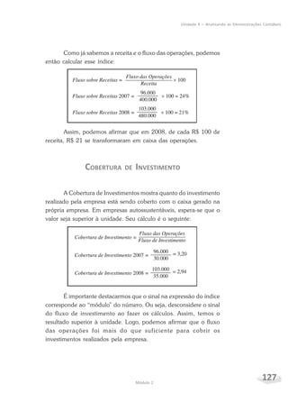 127Módulo 2
Unidade 4 – Analisando as Demonstrações Contábeis
Como já sabemos a receita e o fluxo das operações, podemos
então calcular esse índice:
Assim, podemos afirmar que em 2008, de cada R$ 100 de
receita, R$ 21 se transformaram em caixa das operações.
COBERTURA DE INVESTIMENTO
A Cobertura de Investimentos mostra quanto do investimento
realizado pela empresa está sendo coberto com o caixa gerado na
própria empresa. Em empresas autossustentáveis, espera-se que o
valor seja superior à unidade. Seu cálculo é o seguinte:
É importante destacarmos que o sinal na expressão do índice
corresponde ao “módulo” do número. Ou seja, desconsidere o sinal
do fluxo de investimento ao fazer os cálculos. Assim, temos o
resultado superior à unidade. Logo, podemos afirmar que o fluxo
das operações foi mais do que suficiente para cobrir os
investimentos realizados pela empresa.
 