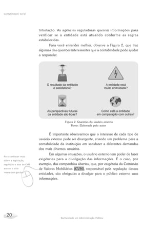 20 Bacharelado em Administração Pública
Contabilidade Geral
tributação. As agências reguladoras querem informações para
verificar se a entidade está atuando conforme as regras
estabelecidas.
Para você entender melhor, observe a Figura 2, que traz
algumas das questões interessantes que a contabilidade pode ajudar
a responder.
v
Para conhecer mais
sobre a legislação,
regulação e atos da CVM
acesse o sítio
<www.cvm.gov.br>.
Figura 2: Questões do usuário externo
Fonte: Elaborada pelo autor
É importante observarmos que o interesse de cada tipo de
usuário externo pode ser divergente, criando um problema para a
contabilidade da instituição em satisfazer a diferentes demandas
dos mais diversos usuários.
Em algumas situações, o usuário externo tem poder de fazer
exigências para a divulgação das informações. É o caso, por
exemplo, das companhias abertas, que, por exigência da Comissão
de Valores Mobiliários (CVM), responsável pela regulação dessas
entidades, são obrigadas a divulgar para o público externo suas
informações.
 