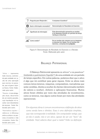 26 Bacharelado em Administração Pública
Contabilidade Geral
Figura 4: Demonstração do Resultado do Exercício e a Decisão
Fonte: Elaborada pelo autor
BALANÇO PATRIMONIAL
O Balanço Patrimonial apresenta os ativos* e os passivos*
(incluindo o patrimônio líquido*) de uma entidade em um período
de tempo específico. Em outras palavras, podemos dizer que o ativo
é algo que irá contribuir para gerar riqueza. Entre os ativos mais
comuns temos terrenos, máquinas, computadores, mercadorias que
serão vendidas, direitos a receber de clientes (denominados também
de valores a receber), dinheiro e aplicações financeiras. Muitos
ativos foram obtidos por meio das atividades de investimentos,
como os terrenos, mas alguns outros foram por meio das atividades
operacionais.
Em algumas obras é comum encontrarmos a definição de ativo
como sendo bens e direitos. Essa é uma definição simplista,
que não corresponde à realidade. Um computador antigo, que
já não é usado, não é um ativo, apesar de ser um “bem” da
entidade. Você saberia dizer qual a razão? Volte na definição
*Ativo – representa
todo recurso, controla-
do pela entidade em ra-
zão de uma operação
que ocorreu no passa-
do, que irá gerar rique-
za futura. Fonte: Elabo-
rado pelo autor.
*Passivo – é uma obriga-
ção atual, decorrente
de um evento passado,
cuja liquidação irá re-
sultar num desembolso
de recursos. Fonte: Ela-
borado pelo autor.
*Patrimônio Líquido –
refere-se à diferença
entre os ativos e os pas-
sivos circulantes e não
circulantes. Fonte: Ela-
borado pelo autor.
 