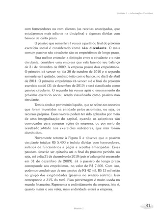 31Módulo 2
Unidade 1 – Informações Contábeis
com fornecedores ou com clientes (as receitas antecipadas, que
estudaremos mais adiante na disciplina) e algumas dívidas com
bancos de curto prazo.
O passivo que somente irá vencer a partir do final do próximo
exercício social é considerado como não circulante. O mais
comum passivo não circulante são os empréstimos de longo prazo.
Para melhor entender a distinção entre o circulante e o não
circulante, considere uma empresa que está fazendo seu balanço
de 31 de dezembro de 2009. A empresa possui dois empréstimos.
O primeiro irá vencer no dia 30 de outubro de 2010 e o segundo
somente será quitado, contrato feito com o banco, no dia 5 de abril
de 2011. O primeiro empréstimo irá vencer até o final do próximo
exercício social (31 de dezembro de 2010) e será classificado como
passivo circulante. O segundo irá vencer após o encerramento do
próximo exercício social, sendo classificado como passivo não
circulante.
Temos ainda o patrimônio líquido, que se refere aos recursos
que foram investidos na entidade pelos acionistas, ou seja, os
recursos próprios. Esses valores podem ter sido aplicados por meio
de uma integralização do capital, quando os acionistas são
convocados para comprar ações de empresa, ou por meio do
resultado obtido nos exercícios anteriores, que não foram
distribuídos.
Novamente retorne à Figura 5 e observe que o passivo
circulante totaliza R$ 5.400 e incluiu dívidas com fornecedores,
salários de funcionários a pagar e receitas antecipadas. Esses
passivos deverão ser quitados até o final do próximo período, ou
seja, até o dia 31 de dezembro de 2010 (pois o balanço foi encerrado
em 31 de dezembro de 2009). Já o passivo de longo prazo
corresponde aos empréstimos, no valor de R$ 7.600. Com isso,
podemos concluir que de um passivo de R$ 42 mil, R$ 13 mil estão
no grupo das exigibilidades (passivo no sentido restrito). Isso
corresponde a 31% do total. Essa percentagem é muito usada no
mundo financeiro. Representa o endividamento da empresa, isto é,
quanto maior o seu valor, mais endividada estará a empresa.
 