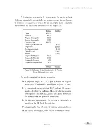 89Módulo 2
Unidade 3 – Regime de Caixa e de Competência
É óbvio que a ausência do lançamento de ajuste poderá
distorcer o resultado apresentado por uma empresa. Vamos ilustrar
o processo de ajuste por meio de um exemplo mais completo
apresentado no balancete de verificação na Figura 30.
Figura 30: Balancete de Verificação Antes de Ajustes
Fonte: Elaborada pelo autor
Os ajustes necessários são os seguintes:
X a empresa pagou R$ 1.200 por 4 meses de aluguel
antecipado. É necessário reconhecer o ajuste do mês;
X o contrato de seguros foi de R$ 7 mil por 10 meses.
Você pode observar na Figura 31 que o valor de seguros
antecipados é de R$ 6.600, já que uma parte do tempo
foi transcorrida em períodos anteriores;
X foi feito um levantamento de estoque e constatado a
existência de R$ 2 mil de material;
X a depreciação é de 1% sobre o valor de Computadores;
X da receita antecipada, 40% foram prestadas no mês;
 