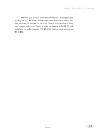 93Módulo 2
Unidade 3 – Regime de Caixa e de Competência
Observe que as duas primeiras colunas são uma reprodução
da Figura 30. As duas colunas seguintes mostram o efeito dos
lançamentos de ajustes. Já as duas últimas representam a soma
das colunas anteriores. Assim, o valor de Receita é de R$ 22.160,
resultado do valor anterior (R$ 20 mil) mais os dois ajustes, de
R$ 2.160.
 