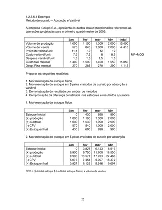 4.2.5.5.1 Exemplo
Método de custeio – Absorção e Variável

A empresa Coxipó S.A., apresenta os dados abaixo mencionados referentes às
operações projetadas para o primeiro quadrimestre de 2009:

                                      Jan         fev        mar           Abr     total
Volume de produção                     1.000      1.100      1.300         2.000    5.400
Volume de venda                          570        840      1.000         2.000    4.410
Preço de venda/unit                     11,1         12         12            12
Custo variável/unit                      7,5         7,5         8           8,5            MP+MOD
Despesa variável/unit                    1,3         1,5       1,5           1,5
Custo fixo mensal                      1.400      1.500      1.400         1.550   5.850
Desp. Fixa mensal                        270        285        270           290   1.115

Preparar os seguintes relatórios:

1. Movimentação do estoque físico
2. Movimentação do estoque em $ pelos métodos de custeio por absorção e
variável
3. Demonstração do resultado por ambos os métodos
4. Comprovação da diferença constatada nos estoques e resultados apurados

1. Movimentação do estoque físico

                                      Jan         fev        mar           Abr
Estoque Inicial                            0        430        690           990
(+) produção                           1.000      1.100      1.300         2.000
(=) subtotal                           1.000      1.530      1.990         2.990
(-) CPV                                  570        840      1.000         2.000
(=) Estoque final                        430        690        990           990

2. Movimentação do estoque em $ pelos métodos de custeio por absorção

                                      Jan         fev        mar           Abr
Estoque Inicial                            0      3.827      6.123         8.916
(+) produção                           8.900      9.750     11.800        18.550
(=) subtotal                           8.900     13.577     17.923        27.466
(-) CPV                                5.073      7.454      9.007        18.372
(=) Estoque final                      3.827      6.123      8.916         9.094

CPV = (Subtotal estoque $ / subtotal estoque físico) x volume de vendas




                                                 22
 