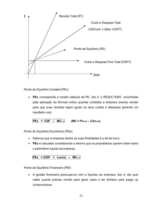 $                          Receita Total (RT)

                                                      Custo e Despesa Total

                                                     (CDVunit. x Qtde +CDFT)




                                         Ponto de Equilíbrio (PE)



                                                  Custo e Despesa Fixa Total (CDFT)



                                                        Qtde



Ponto de Equilíbrio Contábil (PEc)

       PEc corresponde a versão clássica de PE, isto é, o RESULTADO encontrado
        pela aplicação da fórmula indica quantas unidades a empresa precisa vender
        para que suas receitas sejam iguais os seus custos e despesas gerando um
        resultado nulo.

        PEc = CDF  MCunit             (MC = Pvunit – Cdvunit)


Ponto de Equilíbrio Econômico (PEe)

       Sabe-se que a empresa dentre as suas finalidades é a de ter lucro.
       PEe é calculado considerando o retorno que os proprietários querem obter sobre
        o patrimônio líquido da empresa.

        PEe = (CDF + Lucro)  MCunit


Ponto de Equilíbrio Financeiro (PEf)

       A gestão financeira preocupa-se com a liquidez da empresa, isto é, ela quer
        saber quanto precisa vender para gerar caixa e ter dinheiro para pagar os
        compromissos.


                                             26
 