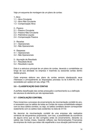 Veja um esquema de montagem de um plano de contas:
1- Ativo
1.1 - Ativo Circulante
1.2 - Ativo Não Circulante
1.3 - Compensação Ativa
2 - Passivo
2.1 - Passivo Circulante
2.2 - Passivo Não Circulante
2.3 - Patrimônio Liquido
2.4 - Compensação Passiva
3 - Receitas
3.1 - Operacionais
3.2 - Não Operacionais
4 - Despesas
4.1 - Operacionais
4.2 - Não Operacionais
5 - Apuração de Resultado
5.1 - Resultado Bruto
5.2 - Resultado Liquido
Esta é a estrutura principal de um plano de contas, devendo o contabilistas ao
longo de sua atividade na empresa ir inserindo ou excluindo contas dentro
destes grupos.
Cada empresa elabora seu plano de contas sempre obedecendo seus
interesses e principalmente as disposições previstas na lei 6.404/76 ( lei de
sociedades por ações) em seu artigo 178.
5.6 – CLASSIFICAÇÃO DAS CONTAS
A perfeita classificação das contas pressupõe o conhecimento ou a definição
da natureza do elemento por ela representado.
5.7 - CONCILIAÇÃO CONTÁBIL
Para iniciarmos o processo de encerramento da movimentação contábil do ano,
é necessário que os saldos de todas as Contas de nossa contabilidade estejam
com os seus saldos corretos, ou seja, os saldos contábeis devem corresponder
exatamente com os saldos reais existentes na data de 31/12/.
No decorrer da movimentação contábil de uma empresa são realizados
centenas de lançamentos propiciando, com isso, a possibilidade da ocorrência
de alguns erros que se não corrigidos antes do encerramento, deixarão os
saldos das Contas irreais, trazendo reflexos nas Demonstrações Financeiras
da empresa de modo que estas não espelharão a sua situação patrimonial real.

34

 