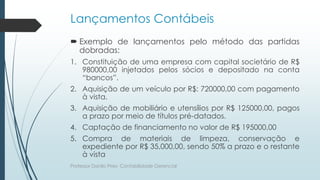 Lançamentos Contábeis
 Exemplo de lançamentos pelo método das partidas
dobradas:
1. Constituição de uma empresa com capital societário de R$
980000,00 injetados pelos sócios e depositado na conta
“bancos”.
2. Aquisição de um veículo por R$: 720000,00 com pagamento
à vista.
3. Aquisição de mobiliário e utensílios por R$ 125000,00, pagos
a prazo por meio de títulos pré-datados.
4. Captação de financiamento no valor de R$ 195000,00
5. Compra de materiais de limpeza, conservação e
expediente por R$ 35,000,00, sendo 50% a prazo e o restante
à vista
Professor Danilo Pires- Contabilidade Gerencial
 
