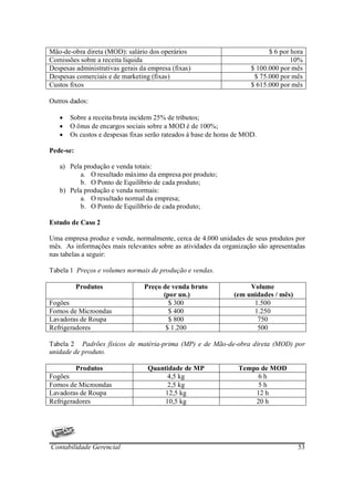 Mão-de-obra direta (MOD): salário dos operários                             $ 6 por hora
Comissões sobre a receita liquida                                                   10%
Despesas administrativas gerais da empresa (fixas)                    $ 100.000 por mês
Despesas comerciais e de marketing (fixas)                             $ 75.000 por mês
Custos fixos                                                          $ 615.000 por mês

Outros dados:

   •   Sobre a receita bruta incidem 25% de tributos;
   •   O ônus de encargos sociais sobre a MOD é de 100%;
   •   Os custos e despesas fixas serão rateados à base de horas de MOD.

Pede-se:

   a) Pela produção e venda totais:
         a. O resultado máximo da empresa por produto;
         b. O Ponto de Equilíbrio de cada produto;
   b) Pela produção e venda normais:
         a. O resultado normal da empresa;
         b. O Ponto de Equilíbrio de cada produto;

Estudo de Caso 2

Uma empresa produz e vende, normalmente, cerca de 4.000 unidades de seus produtos por
mês. As informações mais relevantes sobre as atividades da organização são apresentadas
nas tabelas a seguir:

Tabela 1 Preços e volumes normais de produção e vendas.

           Produtos              Preço de venda bruto                Volume
                                       (por un.)                (em unidades / mês)
Fogões                                   $ 300                        1.500
Fornos de Microondas                     $ 400                        1.250
Lavadoras de Roupa                       $ 800                         750
Refrigeradores                          $ 1.200                        500

Tabela 2 Padrões físicos de matéria-prima (MP) e de Mão-de-obra direta (MOD) por
unidade de produto.

           Produtos               Quantidade de MP               Tempo de MOD
Fogões                                  4,5 kg                        6h
Fornos de Microondas                    2,5 kg                        5h
Lavadoras de Roupa                     12,5 kg                       12 h
Refrigeradores                         10,5 kg                       20 h




Contabilidade Gerencial                                                               53
 