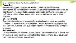 Objetivos do capítulo
O Ciclo Planejar-Fazer-Verificar-Agir (PDCA)
Fazer (Do)
Momento em que o plano será executado, assim os indivíduos que
participarem da implantação do ciclo PDCA deverão realizar treinamentos de
acordo com o método. Cada processo é realizado, conforme aquilo que foi
definido na primeira fase. Assim são coletados dados para uma análise
posterior.
Checar (Check)
Com a implantação, os processos são analisados através de ferramentas
próprias, para verificar se cada processo cumpre aquilo que foi proposto no
planejamento. É nessa fase que poderão ser encontrados erros ou falhas no
processo.
Agir (Action)
De acordo com o resultado na etapa ‘checar’, serão observados as falhas nos
processos e se os objetivos foram atingidos, caso contrário, estes devem ser
melhorados e as etapas se reiniciam.
 