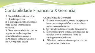 Contabilidade Financeira X Gerencial
A Contabilidade financeira :
1. É retrospectiva.
2. É principalmente orientado
para partes interessadas
externas.
3. Deve ser consistente com as
regras formuladas pelos
normatizadores, como o
(FASB) nos Estados Unidos e
na (CVM) para Brasil
A Contabilidade Gerencial
1. É tanto retrospectiva, como prospectiva
incorporando previsões e estimativas
sobre eventos futuros.
2. Se vale de Indicadores não Financeiros
3. É orientado para tomada de decisões de
funcionários e gerentes ( fonte de
vantagem competitiva)
4. Não tem nenhuma forma prescrita ou
regras sobre conteúdo.
 