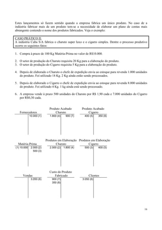 Estes lançamentos só fazem sentido quando a empresa fabrica um único produto. No caso de a
indústria fabricar mais de um produto tem-se a necessidade de elaborar um plano de contas mais
abrangente contendo o nome dos produtos fabricados. Veja o exemplo:

CASO PRÁTICO II:
A indústria Cuba S/A fabrica o charuto super luxo e o cigarro simples. Dentre o processo produtivo
ocorre os seguintes fatos:

1. Compra à prazo de 100 Kg Matéria-Prima no valor de R$10.000.

2. O setor de produção do Charuto requisita 20 Kg para a elaboração do produto.
3. O setor de produção do Cigarro requisita 5 Kg para a elaboração do produto.

4. Depois de elaborado o Charuto o chefe de expedição envia ao estoque para revenda 1.000 unidades
   do produto. Foi utilizado 18 Kg. 2 Kg ainda estão sendo processados.

5. Depois de elaborado o Cigarro o chefe de expedição envia ao estoque para revenda 8.000 unidades
   do produto. Foi utilizado 4 Kg. 1 kg ainda está sendo processado.

6. A empresa vende à prazo 500 unidades do Charuto por R$ 1,90 cada e 7.000 unidades do Cigarro
   por R$0,30 cada.


                            Produto Acabado         Produto Acabado
   Fornecedores                 Charuto                 Cigarro
             10.000 (1)     1.800 (4)    900 (7)     400 (5)    350 (8)




                          Produtos em Elaboração Produtos em Elaboração
  Matéria-Prima                  Charuto                Cigarro
(1) 10.000    2.000 (2)     2.000 (2)   1.800 (4)    500 (3)    400 (5)
                500 (3)




                            Custo do Produto
      Vendas                    Fabricado                Clientes
              3.050 (6)       900 (7)               3.050 (6)
                              350 (8)




                                                                                                16
 
