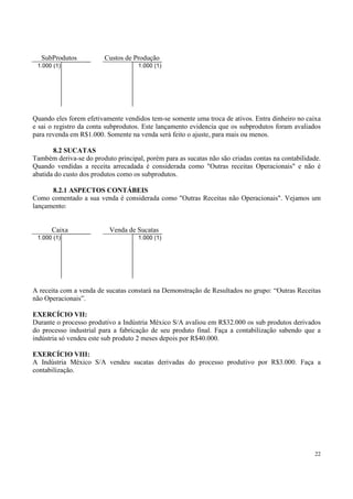 SubProdutos           Custos de Produção
 1.000 (1)                           1.000 (1)




Quando eles forem efetivamente vendidos tem-se somente uma troca de ativos. Entra dinheiro no caixa
e sai o registro da conta subprodutos. Este lançamento evidencia que os subprodutos foram avaliados
para revenda em R$1.000. Somente na venda será feito o ajuste, para mais ou menos.

       8.2 SUCATAS
Também deriva-se do produto principal, porém para as sucatas não são criadas contas na contabilidade.
Quando vendidas a receita arrecadada é considerada como "Outras receitas Operacionais" e não é
abatida do custo dos produtos como os subprodutos.

      8.2.1 ASPECTOS CONTÁBEIS
Como comentado a sua venda é considerada como "Outras Receitas não Operacionais". Vejamos um
lançamento:


      Caixa               Venda de Sucatas
 1.000 (1)                           1.000 (1)




A receita com a venda de sucatas constará na Demonstração de Resultados no grupo: “Outras Receitas
não Operacionais”.

EXERCÍCIO VII:
Durante o processo produtivo a Indústria México S/A avaliou em R$32.000 os sub produtos derivados
do processo industrial para a fabricação de seu produto final. Faça a contabilização sabendo que a
indústria só vendeu este sub produto 2 meses depois por R$40.000.

EXERCÍCIO VIII:
A Indústria México S/A vendeu sucatas derivadas do processo produtivo por R$3.000. Faça a
contabilização.




                                                                                                  22
 
