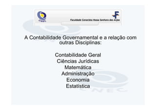 A Contabilidade Governamental e a relação com
              outras Disciplinas:

            Contabilidade Geral
             Ciências Jurídicas
                Matemática
               Administração
                 Economia
                Estatística
 