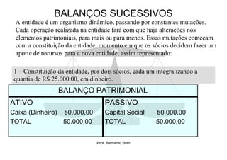 BALANÇOS SUCESSIVOS
 A entidade é um organismo dinâmico, passando por constantes mutações.
 Cada operação realizada na entidade fará com que haja alterações nos
 elementos patrimoniais, para mais ou para menos. Essas mutações começam
 com a constituição da entidade, momento em que os sócios decidem fazer um
 aporte de recursos para a nova entidade, assim representado:

 1 – Constituição da entidade, por dois sócios, cada um integralizando a
 quantia de R$ 25.000,00, em dinheiro.
                  BALANÇO PATRIMONIAL
ATIVO                                PASSIVO
Caixa (Dinheiro) 50.000,00           Capital Social     50.000,00
TOTAL            50.000,00           TOTAL              50.000,00


                                 Prof. Bernardo Both
 