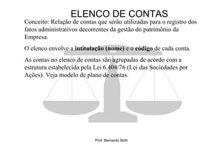 ELENCO DE CONTAS
Conceito: Relação de contas que serão utilizadas para o registro dos
fatos administrativos decorrentes da gestão do patrimônio da
Empresa.
O elenco envolve a intitulação (nome) e o código de cada conta.
As contas no elenco de contas são agrupadas de acordo com a
estrutura estabelecida pela Lei 6.404/76 (Lei das Sociedades por
Ações). Veja modelo de plano de contas.




                           Prof. Bernardo Both
 