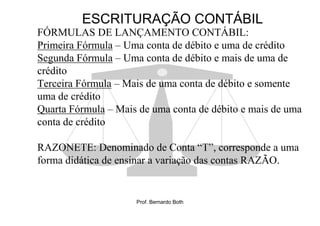 ESCRITURAÇÃO CONTÁBIL
FÓRMULAS DE LANÇAMENTO CONTÁBIL:
Primeira Fórmula – Uma conta de débito e uma de crédito
Segunda Fórmula – Uma conta de débito e mais de uma de
crédito
Terceira Fórmula – Mais de uma conta de débito e somente
uma de crédito
Quarta Fórmula – Mais de uma conta de débito e mais de uma
conta de crédito

RAZONETE: Denominado de Conta “T”, corresponde a uma
forma didática de ensinar a variação das contas RAZÃO.


                     Prof. Bernardo Both
 