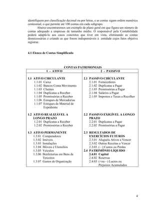 identifiquem por classificação decimal ou por letras, e as contas sigam ordem numérica
centesimal, o que permite até 100 contas em cada subgrupo.
        Abaixo encontraremos um exemplo de plano geral em que figura um número de
contas adequado a empresas de tamanho médio. O responsável pela Contabilidade
poderá adaptá-lo aos casos concretos que tiver em vista, eliminando as contas
desnecessárias e criando as que forem indispensáveis à entidade cujos fatos objetiva
registrar.


4.1 Elenco de Contas Simplificado



                            CONTAS PATRIMONIAIS
              1 - ATIVO                       2 - PASSIVO

1.1 ATIVO CIRCULANTE                       2.1 PASSIVO CIRCULANTE
    1.1.01 Caixa                               2.1.01 Fornecedores
    1.1.02 Bancos Conta Movimento              2.1.02 Duplicatas a Pagar
    1.1.03 Clientes                            2.1.03 Promissórias a Pagar
    1.1.04 Duplicatas a Receber                2.1.04 Salários a Pagar
    1.1.05 Promissórias a Receber              2.1.05 Impostos e Taxas a Recolher
    1.1.06 Estoques de Mercadorias
    1.1.07 Estoques de Material de
           Expediente

1.2 ATIVO REALIZÁVEL A                     2.2 PASSIVO EXIGÍVEL A LONGO
    LONGO PRAZO                                PRAZO
    1.2.01 Duplicatas a Receber                2.2.01 Duplicatas a Pagar
    1.2.02 Promissórias a Receber              2.2.02 Promissórias a Pagar

1.3 ATIVO PERMANENTE                       2.3 RESULTADOS DE
    1.3.01 Computadores                        EXERCÍCIOS FUTUROS
    1.3.02 Imóveis                             2.3.01 Aluguéis Ativos a Vencer
    1.3.03 Instalações                         2.3.02 Outras Receitas a Vencer
    1.3.04 Móveis e Utensílios                 2.3.03 ( - ) Custos ou Perdas
    1.3.05 Veículos                        2.4 PATRIMÕNIO LÍQUIDO
    1.3.06 Benfeitorias em Bens de             2.4.01 Capital
           Terceiros                           2.4.02 Reservas
    1.3.07 Gastos de Organização               2.4.03 (+ou - ) Lucros ou
                                                      Prejuízos Acumulados




                                                                                    4
 
