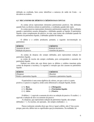 debitada ou creditada, bem como identificar a natureza do saldo da Conta – se
devedora ou credora.


4.3 MECANISMO DE DÉBITO E CRÉDITO DAS CONTAS

      As contas ativas representam elementos patrimoniais positivos. São debitadas
quando bens ou direitos entram no patrimônio, e creditadas quando dele saem.
      As contas passivas representam elementos patrimoniais negativos. São creditadas
quando o patrimônio assume obrigações, e debitadas quando as liquida. O patrimônio
líquido, como complemento do passivo, ou seja, suas contas são creditadas quando há
aumento de patrimônio líquido, e debitadas quando há redução.

      O débito e o crédito produzem, portanto, a seguinte movimentação no
patrimônio:

DÉBITO                                       CRÉDITO
Aumento de ativo                             Redução de ativo
Redução de passivo                           Aumento de passivo

      As contas de despesa são sempre debitadas, pois representam redução do
patrimônio líquido.
      as contas de receita são sempre creditadas, pois correspondem a aumento do
patrimônio líquido.
      Embora seu efeito não seja direto (pois os débitos e créditos transitam pelas
contas de despesas e receitas), é a seguinte a variação que eles causam no patrimônio
líquido:

DÉBITO                                       CRÉDITO
(Despesa)                                    (Receita)
Reduz o patrimônio líquido                   Aumenta o patrimônio líquido

        O patrimônio é uma soma algébrica de valores, em que o ativo é a parte
positiva e o passivo a negativa, tendo como diferencial a situação líquida, donde:

       ( + ) Bens                           ( - ) Obrigações
       ( + ) Direitos                       ( - ) Patrimônio líquido
       ( + ) Ativo                          ( - ) Passivo

       O débito ( + ) equivale a aumento de ativo ou redução de passivo. O credito ( - )
equivale a redução de ativo ou aumento de passivo.
       As despesas, que representam redução de patrimônio líquido, são sempre
debitadas ( + ). As receitas, em oposição, são sempre creditadas ( - ).

       Parece realmente estranho dizer que Ativo é igual a débito, não é? Isto ocorre
porque, para nós, débito tem os significados que já comentamos. Na realidade, há


                                                                                        6
 