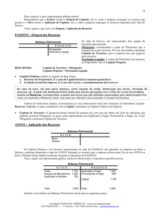 14

         Para começar, o que a representação gráfica mostra?
         Respondemos que o Passivo mostra a Origem de Capitais, isto é, como a empresa conseguiu os recursos que
possui; e o Ativo mostra a Aplicação de Capitais, isto é, onde a empresa empregou os recursos originados pelo lado do
Passivo.
         Veja a seguir o que vem a ser Origem e Aplicação de Recursos.

PASSIVO – Origem dos Recursos

                    Balanço Patrimonial                            No lado do Passivo, são representados dois grupos de
                                                                   elementos patrimoniais:
                                  PASSIVO
                                                                   Obrigações: correspondem a parte do Patrimônio que a
                                 Obrigações                        empresa deve para terceiros. Por isso são também chamadas
                                 Patrimônio Líquido
                                                                   Capitais de Terceiros, pois a empresa tem que pagá-las
                                                                   para terceiros.
                                                                   Patrimônio Líquido: é a parte do Patrimônio que pertence
                                                                   ao Proprietário. São os Capitais Próprios

RESUMINDO:                 Capitais de Terceiros = Obrigações
                           Capitais Próprios = Patrimônio Líquido

•     Capitais Próprios: podem se originar de duas fontes:
      1. Recursos do Proprietário. É o caso do Capital Inicial ou aumentos posteriores
      2. Evolução normal da empresa. É o caso dos Lucros e conseqüentemente das reservas

    No caso de lucro, ele terá vários destinos, como imposto de renda, distribuição aos sócios, formação de
    reservas, etc. A parte não distribuída ficará retida para futuras aplicações com o título de Lucros Acumulados.
    Quanto as Reservas, correspondem a partes dos lucros que são retiradas (reservadas) para determinados fins,
    como por exemplo a Reserva Legal, que pode ser utilizada para aumentar o Capital da empresa.

       Embora de forma bem simples, acrescentamos ao seu conhecimento mais dois elementos do Patrimônio Líquido:
Reservas e Lucros, os quais, juntamente com o Capital, constituem os Capitais Próprios da Empresa.

•     Capitais de Terceiros: O desenvolvimento normal da empresa faz com que ela efetue um série de operações que
      poderão acarretar Obrigações, as quais serão representadas por Duplicatas a Pagar, Promissórias a Pagar, etc. Essas
      Obrigações constituem Capitais de Terceiros.

ATIVO – Aplicação dos Recursos

                                                  Balanço Patrimonial
                                               ATIVO
                                    Bens
                                    Direitos


         Os Capitais Próprios e de terceiros representados no lado do PASSIVO, são aplicados na empresa em Bens e
Direitos, conforme demonstra o lado do ATIVO. Portando os recursos que a empresa utilizou para Ter no seu ATIVO os
Bens e Direitos foram obtidos conforme mostram os elementos do PASSIVO.
         Veja a seguir esta representação gráfica, analise as observações e responda as questões anexas.

                                                     Balanço Patrimonial
                                         ATIVO                        PASSIVO
                            Caixa                  1.100           Duplicatas a Pagar            1.000
                            Estoque de Mercadorias 1.400           Promissórias a Pagar            500
                            Duplicatas a Receber     700
                                                                   Capital                        1.700


                            Total                         3.200    Total                         3.200

          Quando você analisar um Balanço Patrimonial, atente para os seguintes pontos:


                                 Faculdade UNIÃO DAS AMÉRICAS – Curso de Administração
                         CONTABILIDADE I – 1º Semestre – Prof. Valdir Serafim Junior – junior@uniamerica.br
 