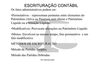 ESCRITURAÇÃO CONTÁBIL
Os fatos administrativos podem ser:
•Permutativos – representam permutas entre elementos do
Patrimônio (Ativo ou Passivo), sem alterar o Patrimônio
Líquido ou a Situação Líquida;
•Modificativos: Provocam alterações no Patrimônio Líquido
•Mistos: Envolvem ao mesmo tempo, fato permutativo e um
fato modificativo.
MÉTODOS DE ESCRITURAÇÃO
Método de Partidas Simples
Método das Partidas Dobradas
                      Prof. Bernardo Both
 
