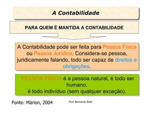 A Contabilidade
                  A Contabilidade

      PARA QUEM É MANTIDA A CONTABILIDADE



  A Contabilidade pode ser feita para Pessoa Física
   A Contabilidade pode ser feita para Pessoa Física
       ou Pessoa Jurídica. Considera-se pessoa,
        ou Pessoa Jurídica. Considera-se pessoa,
  juridicamente falando, todo ser capaz de direitos e
   juridicamente falando, todo ser capaz de direitos e
                      obrigações.
                      obrigações.

    PESSOA FÍSICA é a pessoa natural, é todo ser
    PESSOA FÍSICA é a pessoa natural, é todo ser
                       humano,
                       humano,
      é todo indivíduo (sem qualquer exceção).
      é todo indivíduo (sem qualquer exceção).
Fonte: Marion, 2004     Prof. Bernardo Both
 
