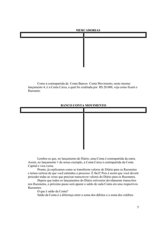 MERCADORIAS




      Como a contrapartida da Conta Bancos Conta Movimento, neste mesmo
lançamento 4, é a Conta Caixa, a qual foi creditada por R$ 20.000, veja como ficará o
Razonete:



                         BANCO CONTA MOVIMENTO




       Lembre-se que, no lançamento de Diário, uma Conta é contrapartida da outra.
Assim, no lançamento 1 do nosso exemplo, a Conta Caixa é contrapartida da Conta
Capital e vice-versa.
       Pronto, já explicamos como se transferem valores do Diário para os Razonetes
e temos certeza de que você entendeu o processo. É fácil! Pois é assim que você deverá
proceder todas as vezes que precisar transcrever valores do Diário para os Razonetes.
       Depois que todos os lançamentos do Diário estiverem devidamente transcritos
nos Razonetes, o próximo passo será apurar o saldo de cada Conta em seus respectivos
Razonetes.
       O que é saldo da Conta?
       Saldo da Conta é a diferença entre a soma dos débitos e a soma dos créditos


                                                                                     5
 