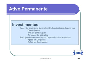 Ativo Permanente


 Investimentos
    Bens não destinados à manutenção das atividades da empresa
             Obras de Arte
             Imóveis para aluguel
             Terrenos não utilizados
    Participações permanentes no Capital de outras empresas
             Ações em Coligadas
             Ações em Controladas




                         www.denilson.adm.br                     15
 