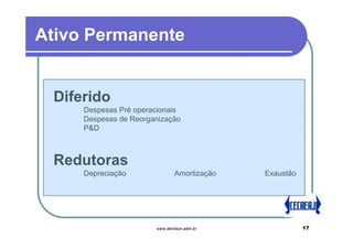 Ativo Permanente


 Diferido
     Despesas Pré operacionais
     Despesas de Reorganização
     P&D



 Redutoras
     Depreciação               Amortização   Exaustão




                       www.denilson.adm.br              17
 