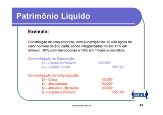 Patrimônio Líquido
  Exemplo:

  Constituição de uma empresa, com subscrição de 10.000 ações de
  valor nominal de $30 cada, sendo integralizadas no ato 15% em
  dinheiro, 30% com mercadorias e 10% em móveis e utensílios.

  Contabilização da Subscrição:
           D – Capital a Realizar                   300.000
           C – Capital Social                                 300.000

  Contabilização da integralização:
           D – Caixa                                  45.000
           D – Mercadorias                            90.000
           D – Móveis e Utensílios                    30.000
           C – Capital a Realizar                           165.000


                              www.denilson.adm.br                       23
 