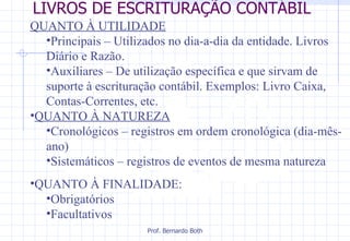LIVROS DE ESCRITURAÇÃO CONTÁBIL QUANTO À UTILIDADE Principais – Utilizados no dia-a-dia da entidade. Livros Diário e Razão. Auxiliares – De utilização específica e que sirvam de suporte à escrituração contábil. Exemplos: Livro Caixa, Contas-Correntes, etc.  QUANTO À NATUREZA Cronológicos – registros em ordem cronológica (dia-mês-ano) Sistemáticos – registros de eventos de mesma natureza QUANTO À FINALIDADE: Obrigatórios Facultativos 