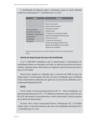 126
Operações financeiras, salários, encargos e depreciação
A classificação do balanço, após as alterações, pode ser assim definida
(conforme a Resolução CF 1.159/2009, itens 15 a 20):
Ativo Passivo
Passivo Circulante
Passivo Não Circulante
Patrimônio Líquido
Capital Social
(-) Gastos com emissão de ações
Opções Outorgadas Reconhecidas
Reserva de Lucros
(-) Ações em tesouraria*
Ajustes de Avaliação Patrimonial
Ajustes Acumulados de Conversão
Prejuízos Acumulados
Ativo Circulante
Ativo Não Circulante
Realizável a Longo Prazo
Investimento
Imobilizado
Intangível
Ações em tesouraria é uma conta retificadora da reserva utilizada para
	 tal fim.
Cálculo da depreciação dos bens do Imobilizado
A Lei 11.638/2007 estabeleceu que as depreciações e amortizações do
imobilizado devem ser efetuadas com base na vida útil econômica dos bens,
todavia, a adoção desse critério deve ser exigida só a partir do exercício inicia-
do em 01/01/2009.
Dessa forma, podem ser utilizadas para o exercício de 2008 as taxas de
depreciações e amortizações dos bens do ativo imobilizado que a entidade
vinha anteriormente adotando (em geral são as taxas fiscais definidas e per-
mitidas pela legislação fiscal).
NOTA:
O CPC emitiu o Pronunciamento Técnico CPC 27 – Ativo Imobilizado, ora
aprovado pela Resolução CFC 1.177/2009 que entrará em vigor a partir do ano
de 2010, aprovando os procedimentos a serem observados, inclusive quanto
aos critérios de depreciação.
Os itens 138 e 139 do Comunicado Técnico 3 (Resolução CFC 1.157/2009)
tratam sobre a vida útil econômica dos bens do imobilizado (Resolução CFC
1.159/2009, itens 21 a 23).
 