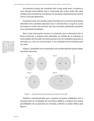 142
Demonstrações contábeis: Balanço Patrimonial, Demonstração de Resultados e Fluxo de Caixa
Um primeiro arranjo das condições dos custos pode levar a empresa a
uma situação intermediária, fase 2, onde parte dos custos ainda não estão
voltados para transformar a empresa com produtos exatamente da maneira
como o mercado determina.
O grande trunfo, sem dúvida, estará marcado com o encontro do produto
oferecido com o produto esperado. Essa é a terceira fase, na qual os custos
da empresa a levam de encontro com seu mercado, perfazendo, portanto,
uma caminhada estratégica.
Mas o mais interessante mesmo é o momento que se denomina fase 4.
Nesse momento, a empresa está adiantada, no sentido de se antecipar às
necessidades do mercado. Ela mesma passa a ser um verdadeiro guia para o
mercado, ou, como se costuma dizer, é um verdadeiro benchmarking2
para
seu setor.
Afigura1possibilitaumavisualizaçãomaiscondensadadasquatroetapas
que foram descritas.
Fase 1
Fase 3 Fase 4
PO
Fase 2
PO PO
PO
PE
PE
PE
PE
AdrianoGomes.
	 Figura 1 – As quatro fases da empresa ao encontro do mercado.
Também o posicionamento que a empresa vai querer estabelecer com o
mercado deve ser visualizado. De uma forma didática, a empresa tem quatro
possibilidades de se posicionar no mercado, conforme se pode verificar pela
figura 2:
2
Benchmarking é o termo
que se refere às quali-
dades de uma empresa
líder em determinado
segmento de mercado e,
por essas mesmas quali-
dades, torna-se padrão de
referência para as outras a
seguirem.
 