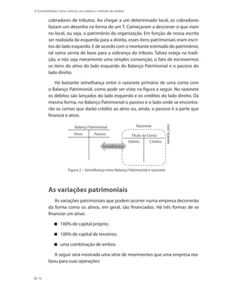 16
A Contabilidade como ciência, seu objeto e método de análise
cobradores de tributos. Ao chegar a um determinado local, os cobradores
faziam um desenho na forma de um T. Começavam a descrever o que viam
no local, ou seja, o patrimônio da organização. Em função de nossa escrita
ser realizada da esquerda para a direita, esses itens patrimoniais eram escri-
tos do lado esquerdo. E de acordo com o montante estimado do patrimônio,
tal soma servia de base para a cobrança do tributo. Talvez esteja na tradi-
ção, e não seja meramente uma simples convenção, o fato de escrevermos
os itens do ativo do lado esquerdo do Balanço Patrimonial e o passivo do
lado direito.
Há bastante semelhança entre o razonete primário de uma conta com
o Balanço Patrimonial, como pode ser visto na figura a seguir. No razonete
os débitos são lançados do lado esquerdo e os créditos do lado direito. Da
mesma forma, no Balanço Patrimonial o passivo é o lado onde se encontra-
rão as contas que darão crédito ao ativo ou, ainda, o passivo é a parte que
financia o ativo.
Figura 2 – Semelhança entre Balanço Patrimonial e razonete.
(MARION,2005)
Semelhanças
Débito
Ativo
Crédito
Balanço Patrimonial
Título da Conta
Razonete
Passivo
As variações patrimoniais
As variações patrimoniais que podem ocorrer numa empresa decorrerão
da forma como os ativos, em geral, são financiados. Há três formas de se
financiar um ativo:
100% de capital próprio;
100% de capital de terceiros;
uma combinação de ambos.
A seguir será mostrada uma série de movimentos que uma empresa rea-
lizou para suas operações:
 