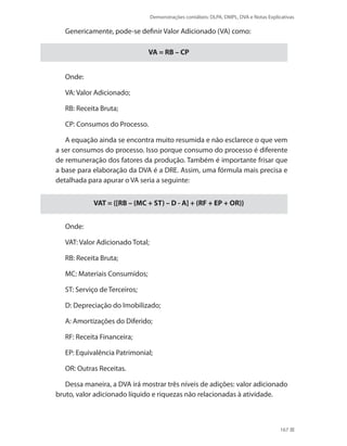 Demonstrações contábeis: DLPA, DMPL, DVA e Notas Explicativas
167
Genericamente, pode-se definir Valor Adicionado (VA) como:
VA = RB – CP
Onde:
VA: Valor Adicionado;
RB: Receita Bruta;
CP: Consumos do Processo.
A equação ainda se encontra muito resumida e não esclarece o que vem
a ser consumos do processo. Isso porque consumo do processo é diferente
de remuneração dos fatores da produção. Também é importante frisar que
a base para elaboração da DVA é a DRE. Assim, uma fórmula mais precisa e
detalhada para apurar o VA seria a seguinte:
VAT = {[RB – (MC + ST) – D - A] + (RF + EP + OR)}
Onde:
VAT: Valor Adicionado Total;
RB: Receita Bruta;
MC: Materiais Consumidos;
ST: Serviço de Terceiros;
D: Depreciação do Imobilizado;
A: Amortizações do Diferido;
RF: Receita Financeira;
EP: Equivalência Patrimonial;
OR: Outras Receitas.
Dessa maneira, a DVA irá mostrar três níveis de adições: valor adicionado
bruto, valor adicionado líquido e riquezas não relacionadas à atividade.
 