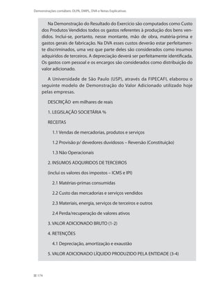 174
Demonstrações contábeis: DLPA, DMPL, DVA e Notas Explicativas
Na Demonstração do Resultado do Exercício são computados como Custo
dos Produtos Vendidos todos os gastos referentes à produção dos bens ven-
didos. Inclui-se, portanto, nesse montante, mão de obra, matéria-prima e
gastos gerais de fabricação. Na DVA esses custos deverão estar perfeitamen-
te discriminados, uma vez que parte deles são considerados como insumos
adquiridos de terceiros. A depreciação deverá ser perfeitamente identificada.
Os gastos com pessoal e os encargos são considerados como distribuição do
valor adicionado.
A Universidade de São Paulo (USP), através da FIPECAFI, elaborou o
seguinte modelo de Demonstração do Valor Adicionado utilizado hoje
pelas empresas.
DESCRIÇÃO	 em milhares de reais
1. LEGISLAÇÃO SOCIETÁRIA %
RECEITAS
1.1 Vendas de mercadorias, produtos e serviços
1.2 Provisão p/ devedores duvidosos – Reversão (Constituição)
1.3 Não Operacionais
2. INSUMOS ADQUIRIDOS DE TERCEIROS
(inclui os valores dos impostos – ICMS e IPI)
2.1 Matérias-primas consumidas
2.2 Custo das mercadorias e serviços vendidos
2.3 Materiais, energia, serviços de terceiros e outros
2.4 Perda/recuperação de valores ativos
3. VALOR ADICIONADO BRUTO (1-2)
4. RETENÇÕES
4.1 Depreciação, amortização e exaustão
5. VALOR ADICIONADO LÍQUIDO PRODUZIDO PELA ENTIDADE (3-4)
 