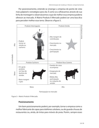 Administração da mudança e fatores comportamentais
243
Por posicionamento, entende-se enxergar a empresa do ponto de vista
mais palpável e estratégico para ela. É como se a olhássemos através de sua
linha de montagem e observássemos o que de melhor essa empresa poderia
oferecer ao mercado. A Matriz Produto X Mercado poderá ser uma boa dica
para perceber melhor esse tema. Observe a figura 5.
Figura 5 – Matriz Produto X Mercado.
Lucratividade
Participação no mercado
Baixa
Baixa
Alta
Alta
BostonConsultingGroup.
Produto Interrogação Produto Estrela
– Poderá
tornar-se
estrela ou
cachorro
– Alta margem de
contribuição
– Crescimento no
mercado
– Crescimento na
participação
Produto Cachorro Produto Vaca Caixeira
– Em geral,
produto
em fase de
declínio de
vendas
– Baixa margem
e giro
– Fazedor de caixa
na empresa
– Estagnação de
mercado
– Média-Alta
participação
no conjunto de
vendas
?
Posicionamento
Um bom posicionamento poderá, por exemplo, tornar a empresa como a
melhor fabricante de capas para telefones celulares, ou de guarda-chuvas de
restaurantes ou, ainda, de tintas para móveis de praia. Porém, sempre esses
 