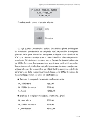 Operações com mercadorias: movimentações, apurações e tributos
63
P – 0,18 . P – R$60,00 = R$22,00
0,82 . P = R$82,00
P = R$100,00
Fica claro, então, que o comprador adquire:
R$18,00 ICMS
R$82,00 Mercadoria
Ou seja, quando uma empresa compra uma matéria-prima, embalagem
ou mercadoria para revenda por um preço R$100,00, tal valor é composto
por uma parte que é mercadoria e vai para o estoque e a outra é crédito de
ICMS que, nesse momento, é ativado como um crédito tributário, portanto
um direito. Tal crédito será reconhecido no Balanço Patrimonial pela conta
de ICMS a Recuperar. Portanto, em toda aquisição de matéria-prima, emba-
lagem, insumos de produção e mercadoria para revenda, salvo exceções pre-
vistas em lei que não contemplem o crédito tributário, a empresa terá direito
ao lançamento de tal valor em sua Contabilidade como ICMS a Recuperar. Os
lançamentos poderiam ser feitos em três hipóteses:
Exemplo 1: compra de mercadoria totalmente à vista;
D _ Mercadoria R$82,00
D _ ICMS a Recuperar R$18,00
C _ Caixa R$100,00
Exemplo 2: compra de mercadoria totalmente a prazo;
D _ Mercadoria R$82,00
D _ ICMS a Recuperar R$18,00
C _ Fornecedor	 R$100,00
 