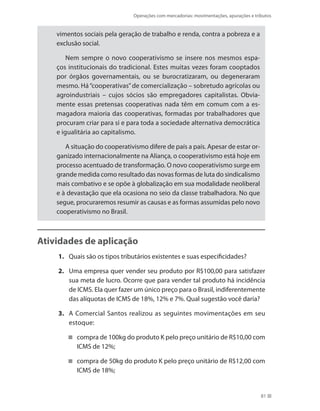 Operações com mercadorias: movimentações, apurações e tributos
81
vimentos sociais pela geração de trabalho e renda, contra a pobreza e a
exclusão social.
Nem sempre o novo cooperativismo se insere nos mesmos espa-
ços institucionais do tradicional. Estes muitas vezes foram cooptados
por órgãos governamentais, ou se burocratizaram, ou degeneraram
mesmo. Há“cooperativas”de comercialização – sobretudo agrícolas ou
agroindustriais – cujos sócios são empregadores capitalistas. Obvia-
mente essas pretensas cooperativas nada têm em comum com a es-
magadora maioria das cooperativas, formadas por trabalhadores que
procuram criar para si e para toda a sociedade alternativa democrática
e igualitária ao capitalismo.
A situação do cooperativismo difere de país a país. Apesar de estar or-
ganizado internacionalmente na Aliança, o cooperativismo está hoje em
processo acentuado de transformação. O novo cooperativismo surge em
grande medida como resultado das novas formas de luta do sindicalismo
mais combativo e se opõe à globalização em sua modalidade neoliberal
e à devastação que ela ocasiona no seio da classe trabalhadora. No que
segue, procuraremos resumir as causas e as formas assumidas pelo novo
cooperativismo no Brasil.
Atividades de aplicação
1.	 Quais são os tipos tributários existentes e suas especificidades?
2.	 Uma empresa quer vender seu produto por R$100,00 para satisfazer
sua meta de lucro. Ocorre que para vender tal produto há incidência
de ICMS. Ela quer fazer um único preço para o Brasil, indiferentemente
das alíquotas de ICMS de 18%, 12% e 7%. Qual sugestão você daria?
3.	 A Comercial Santos realizou as seguintes movimentações em seu
estoque:
compra de 100kg do produto K pelo preço unitário de R$10,00 com
ICMS de 12%;
compra de 50kg do produto K pelo preço unitário de R$12,00 com
ICMS de 18%;
 