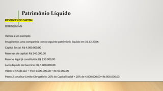 Patrimônio Líquido
RESERVAS DE CAPITAL
RESERVA LEGAL
Vamos a um exemplo:
Imaginemos uma companhia com o seguinte patrimônio líquido em 31.12.20XX:
Capital Social: R$ 4.000.000,00
Reservas de capital: R$ 240.000,00
Reserva legal já constituída: R$ 250.000,00
Lucro líquido do Exercício: R$ 1.000.000,00
Passo 1: 5% do LLE = 5%X 1.000.000,00 = R$ 50.000,00
Passo 2: Analisar Limite Obrigatório: 20% do Capital Social = 20% de 4.000.000,00= R$ 800.000,00
 