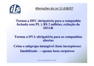"
12 ! "#$%&'
Tornou a DFC obrigatória para a companhia
fechada com PL R$ 2 milhões, extinção da
DOAR
Tornou a DVA obrigatória para as companhias
abertas
Criou o subgrupo intangível (bens incorpóreos)
Imobilizado apenas bens corpóreos
 