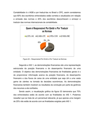 Contabilidade é o IASB e por traduzi-las no Brasil o CPC, assim constatamos
que 60% dos escritórios entrevistados estão corretos e atualizados em relação
a emissão das normas e 40% dos escritórios desconhecem o emissor e
tradutor das normas internacionais de contabilidade.
Segundo a IAS 1, as demonstrações financeiras são uma representação
estruturada da posição financeira e do desempenho financeiro de uma
entidade. O objetivo das demonstrações financeiras de finalidades gerais é o
de proporcionar informação acerca da posição financeira, do desempenho
financeiro e dos fluxos de caixa de uma entidade que seja útil a uma vasta
gama de utentes na tomada de decisões económicas. As demonstrações
financeiras também mostram os resultados da condução por parte da gerência
dos recursos a ela confiados.
Sendo assim, a visualização gráfica da figura 03 demonstra que 75%
dos entrevistados estão de acordo com as finalidades do IAS 1. Podemos
ressaltar que se trata de um percentual relevante, já que apenas uma margem
de 25% não estão de acordo com as finalidades exigidas pelo IAS 1.
Figura 02 – Responsável Por Emitir e Por Traduzir as Normas
 