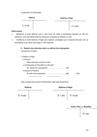 Lançamento nos Razonetes:


                       Salários                                             Salários a Pagar



               10.000                                                                         10.000

Observações:
•     Debitamos a conta Salários, pois o valor bruto da Folha é considerado despesa do mês em
    referência. Com este débito estamos apropriado a despesa de salários no mês.
•     Creditamos a conta Salários a Pagar para registrar a obrigação que a empresa tem para com os
    empregados (cujo líquido será pago no mês seguinte).


            2. Registro das retenções sobre os salários dos empregados:
            Lançamento no Diário:


             Salários a Pagar
               a Diversos
                    Pelas retenções conforme Folha:
               a Contribuições de Previdência a Recolher
                    8% retidos dos empregados ..................................... 800
               a Impostos a Recolher
                    IR retido dos empregados ......................................... 400        1.200
                       ————————                       ————————


            Veja a posição das contas nos Razonetes, após esse lançamento:


                 Salários                                                Salários a Pagar



         10.000                                                        1.200                10.000



                                                                                              Imposto a Recolher
                                                                                              Contr. Prev. a Recolher



                                                                                                            400
                                                                                                             800




                                                                                                              115
 