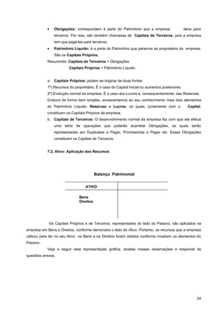 •   Obrigações: correspondem à parte do Patrimônio que a empresa                     deve para
               terceiros. Por isso, são também chamadas de Capitais de Terceiros, pois a empresa
               tem que pagá-las para terceiros.
           •   Patrimônio Líquido: é a parte do Patrimônio que pertence ao proprietário da empresa.
               São os Capitais Próprios.
           Resumindo: Capitais de Terceiros = Obrigações
                        Capitais Próprios = Patrimônio Líquido


           a. Capitais Próprios: podem se originar de duas fontes
           1ª) Recursos do proprietário. É o caso do Capital Inicial ou aumentos posteriores.
           2ª) Evolução normal da empresa. É o caso dos Lucros e, consequentemente, das Reservas.
           Embora de forma bem simples, acrescentamos ao seu conhecimento mais dois elementos
           do Patrimônio Líquido: Reservas e Lucros, os quais, juntamente com o                   Capital,
           constituem os Capitais Próprios da empresa.
           b. Capitais de Terceiros: O desenvolvimento normal da empresa faz com que ela efetue
               uma série de operações que poderão acarretar Obrigações, as quais serão
               representadas por Duplicatas a Pagar, Promissórias a Pagar etc. Essas Obrigações
               constituem os Capitais de Terceiros.


           7.2. Ativo: Aplicação dos Recursos




                                         Balanço Patrimonial


                                  ATIVO

                              Bens
                              Direitos




            Os Capitais Próprios e de Terceiros, representados do lado do Passivo, são aplicados na
empresa em Bens e Direitos, conforme demonstra o lado do Ativo. Portanto, os recursos que a empresa
utilizou para ter no seu Ativo os Bens e os Direitos foram obtidos conforme mostram os elementos do
Passivo.
           Veja a seguir esta representação gráfica, analise nossas observações e responda às
questões anexas.




                                                                                                       24
 