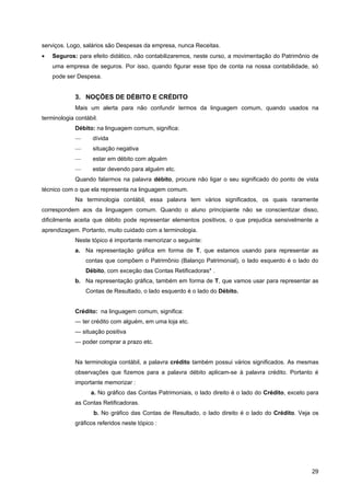 serviços. Logo, salários são Despesas da empresa, nunca Receitas.
•   Seguros: para efeito didático, não contabilizaremos, neste curso, a movimentação do Patrimônio de
    uma empresa de seguros. Por isso, quando figurar esse tipo de conta na nossa contabilidade, só
    pode ser Despesa.


             3. NOÇÕES DE DÉBITO E CRÉDITO
             Mais um alerta para não confundir termos da linguagem comum, quando usados na
terminologia contábil.
             Débito: na linguagem comum, significa:
             —      dívida
             —      situação negativa
             —      estar em débito com alguém
             —      estar devendo para alguém etc.
             Quando falarmos na palavra débito, procure não ligar o seu significado do ponto de vista
técnico com o que ela representa na linguagem comum.
             Na terminologia contábil, essa palavra tem vários significados, os quais raramente
correspondem aos da linguagem comum. Quando o aluno principiante não se conscientizar disso,
dificilmente aceita que débito pode representar elementos positivos, o que prejudica sensivelmente a
aprendizagem. Portanto, muito cuidado com a terminologia.
             Neste tópico é importante memorizar o seguinte:
             a. Na representação gráfica em forma de T, que estamos usando para representar as
                 contas que compõem o Patrimônio (Balanço Patrimonial), o lado esquerdo é o lado do
                 Débito, com exceção das Contas Retificadoras* .
             b. Na representação gráfica, também em forma de T, que vamos usar para representar as
                 Contas de Resultado, o lado esquerdo é o lado do Débito.


             Crédito: na linguagem comum, significa:
             — ter crédito com alguém, em uma loja etc.
             — situação positiva
             — poder comprar a prazo etc.


             Na terminologia contábil, a palavra crédito também possui vários significados. As mesmas
             observações que fizemos para a palavra débito aplicam-se à palavra crédito. Portanto é
             importante memorizar :
                   a. No gráfico das Contas Patrimoniais, o lado direito é o lado do Crédito, exceto para
             as Contas Retificadoras.
                    b. No gráfico das Contas de Resultado, o lado direito é o lado do Crédito. Veja os
             gráficos referidos neste tópico :




                                                                                                      29
 