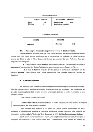 Contas Patrimoniais

                                     ATIVO = DÉBITO             PASSIVO = CRÉDITO
                          Bens                (+)            Obrigações            (-)
                          Direitos            (+)            Patrimônio Líquido




                                              Contas de Resultado


                                 DÉBITO                            CRÉDITO

                         Despesas               (-)            Receitas               (+)



             3.1.      Observações finais sobre as primeiras noções de Débito e Crédito
             Parece realmente estranho dizer que Ativo é igual a Débito, não é? Isto ocorre exatamente
porque, para nós, Débito tem os significados que já comentamos. Na realidade, há muita lógica em
chamar de Débito o lado do Ativo. Existem até teorias que explicam tal fato. Preferimos ficar, por
enquanto, com a seguinte :
                    a. O lado do Ativo é igual a Débito porque as contas que o compõem são da natureza
devoradora ( com exceção das Contas Retificadoras, que, embora credoras, figuram no Ativo ).
                     b. O lado do Passivo é igual a Crédito porque as contas que o compõem são de
natureza credora ( com exceção das Contas Retificadoras, que, embora devedoras, figuram no
Passivo ).


             4. PLANO DE CONTAS


             Até aqui você ficou sabendo que as contas são importantíssimas para os registros contábeis.
São elas que permitem a escrituração dos atos e fatos ocorridos nas empresas. Todo contabilista, ao
proceder à escrituração contábil, deve ter em mãos uma relação de todas as contas necessárias ao seu
processo contábil.
             O que é, então, o Plano de Contas?


               O Plano de Contas é um elenco de todas as contas previstas pelo setor contábil da empresa
  como necessárias aos seus registros contábeis.

             Cada empresa deve elaborar o seu Plano de Contas sempre obedecendo aos seus
interesses e, principalmente, à legislação pertinente. Atualmente, o Plano de Contas deve obedecer às
disposições contidas na Lei n.º 6.404, de 15 de dezembro de 1976 (Lei das Sociedades por Ações).
             Sendo assim, vamos apresentar, a seguir, uma relação das contas que você utilizará para a
resolução dos exercícios e das práticas deste livro. Evidentemente, para atender ao estágio de


                                                                                                     30
 