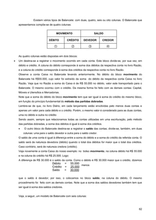 Existem vários tipos de Balancete: com duas, quatro, seis ou oito colunas. O Balancete que
    apresentamos compõe-se de quatro colunas:


                                    MOVIMENTO                      SALDO

                              DÉBITO            CRÉDITO   DEVEDOR            CREDOR

                                                                            

    As quatro colunas estão dispostas em dois blocos:
•   Um destina-se a registrar o movimento ocorrido em cada conta. Este bloco divide-se, por sua vez, em
    débito e crédito. A coluna do débito corresponde à soma dos débitos da respectiva conta no livro Razão,
    e a coluna do crédito corresponde à soma dos créditos da respectiva conta no livro Razão.
    Observe a conta Caixa no Balancete levando anteriormente. No débito do bloco movimento do
    Balancete há R$55.000, cujo valor foi extraído da soma do débito da respectiva conta Caixa no livro
    Razão. Veja que no Razão a soma do Caixa é de R$ 55.000 no débito, valor este transportado para o
    Balancete. O mesmo ocorreu com o crédito. Da mesma forma foi feito com as demais contas: Capital,
    Móveis e Utensílios e Mercadorias.
    Note que a soma do débito do bloco movimento tem que ser igual à soma do crédito do mesmo bloco,
    em função do princípio fundamental do método das partidas dobradas.
    Lembre-se de que, no livro Diário, em cada lançamento estão envolvidas pelo menos duas contas e
    apenas um valor para cada débito e o crédito. Porém, o mesmo valor é considerado para as duas contas,
    uma no débito e outra no crédito
    Sendo assim, sempre que relacionamos todas as contas utilizadas em uma escrituração, pelo método
    das partidas dobradas, a soma dos débitos é igual à soma dos créditos.
    •   O outro bloco do Balancete destina-se a registrar o saldo das contas; divide-se, também, em duas
        colunas: uma para o saldo devedor e outra para o saldo credor.
    O saldo de uma conta é igual à diferença entre a soma do débito e a soma do crédito da referida conta. O
    saldo será de natureza devedora (débito) quando o total dos débitos for maior que o total dos créditos.
    Caso contrário, será de natureza credora (crédito).
    Veja novamente a conta Caixa do nosso exemplo: no bolso movimento, na coluna débito há R$ 55.000
    e na coluna do crédito há R$ 25.000. Logo:
    A diferença de R$ 30.000 é o saldo da conta. Como o débito é R$ 30.000 maior que o crédito, dizemos
                                 Débito     =    55.000
                                                        menos
                                 Crédito    =    25.000
                                 Saldo      =    30.000

    que o saldo é devedor; por isso, o colocamos no bloco saldo, na coluna do débito. O mesmo
    procedimento foi feito com as demais contas. Note que a soma dos saldos devedores também tem que
    ser igual à soma dos saldos credores.


    Veja, a seguir, um modelo de Balancete com seis colunas:



                                                                                                         62
 