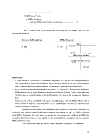 ——————— ———————
                  ICMS sobre Vendas
                   a ICMS a Recuperar
                         Valor do ICMS incidente sobre a venda supra ......................   90
                           ———————            ———————-


                 Veja a posição das contas envolvidas nos respectivos Razonetes, após os três
lançamentos efetuados:


              Compras de Mercadorias                                 ICMS a Recuperar

                                                                                              Caixa
                820                                                180               90
                                                                                          :
                                                                                          :
                                                                                          :

                                                                                      500             820
                                                                                         ICMS sobre Vendas


                                                                                      Vendas de Mercadorias
                                                                                        90

                                                                                                         500




Observações:
•   A conta vendas de Mercadorias foi creditada no lançamento n.° 2 por R$ 500, correspondentes ao
    valor da venda bruta. Essa conta representa Receita Bruta de Vendas e seu saldo será transferido
    para a conta Resultado da Conta Mercadorias no momento da apuração do Resultado Bruto.
•   A conta ICMS sobre Vendas foi debitada no lançamento n.º 3 por R$ 90, correspondente ao valor do
    ICMS incidente sobre a venda. Essa conta é redutora da Receita Bruta de Vendas e seu saldo será
    transferido para a conta Resultado da Conta Mercadorias no momento da apuração do Resultado
    Bruto.
•   No lançamento n.º 1, a conta ICMS a Recuperar foi debitada pelo valor do ICMS incidente sobre a
    compra (Direito da empresa), e no lançamento n.º 3 foi creditada pelo valor do ICMS incidente sobre
    a venda (Obrigação da empresa).
              Como você pode observar, nas compras de mercadorias com incidência do ICMS basta um
lançamento para registrar o valor líquido das compras de mercadorias e o valor do ICMS a débito da
conta ICMS a Recuperar. Por outro lado, nas vendas de mercadorias com incidência do ICMS são
necessários dois lançamentos: um para registrar o valor da venda bruta e outro para registrar o valor do
ICMS incidente na venda.
               Você pode notar, ainda, que a conta ICMS a Recuperar foi debitada no lançamento




                                                                                                           76
 