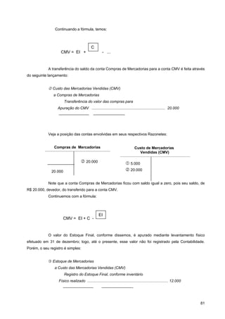 Continuando a fórmula, temos:



                                            C
                    CMV = EI +                       - ...



            A transferência do saldo da conta Compras de Mercadorias para a conta CMV é feita através
do seguinte lançamento:


             Custo das Mercadorias Vendidas (CMV)
               a Compras de Mercadorias
                       Transferência do valor das compras para
                  Apuração do CMV ...................................................................... 20.000
                  ————————                    ————————-




            Veja a posição das contas envolvidas em seus respectivos Razonetes:


                Compras de Mercadorias                                          Custo de Mercadorias
                                                                                  Vendidas (CMV)

                                     20.000                              5.000
              20.000                                                      20.000

            Note que a conta Compras de Mercadorias ficou com saldo igual a zero, pois seu saldo, de
R$ 20.000, devedor, do transferido para a conta CMV.
            Continuemos com a fórmula:



                                                   EI
                       CMV = EI + C -



            O valor do Estoque Final, conforme dissemos, é apurado mediante levantamento físico
efetuado em 31 de dezembro; logo, até o presente, esse valor não foi registrado pela Contabilidade.
Porém, o seu registro é simples:


             Estoque de Mercadorias
                a Custo das Mercadorias Vendidas (CMV)
                       Registro do Estoque Final, conforme inventário
                  Físico realizado ............................................................................. 12.000
                      ————————                       ————————-



                                                                                                                          81
 