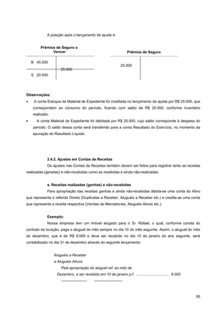 A posição após o lançamento de ajuste é:


        Prêmios de Seguro a
              Vencer                                              Prêmios de Seguro

    B 45.000
                                                             25.000
                     25.000
    S 20.000




Observações:
•    A conta Estoque de Material de Expediente foi creditada no lançamento de ajuste por R$ 25.000, que
    correspondem ao consumo do período, ficando com saldo de R$ 20.000, conforme inventário
    realizado.
•     A conta Material de Expediente foi debitada por R$ 25.000, cujo saldo corresponde à despesa do
    período. O saldo dessa conta será transferido para a conta Resultado do Exercício, no momento da
    apuração do Resultado Líquido.




            2.4.2. Ajustes em Contas de Receitas
            Os ajustes nas Contas de Receitas também devem ser feitos para registrar tanto as receitas
realizadas (geradas) e não-recebidas como as recebidas e ainda não-realizadas.


            a. Receitas realizadas (ganhas) e não-recebidas
            Para apropriação das receitas ganhas e ainda não-recebidas debita-se uma conta do Ativo
que representa o referido Direito (Duplicatas a Receber, Aluguéis a Receber etc.) e credita-se uma conta
que representa a receita respectiva (Vendas de Mercadorias, Aluguéis Ativos etc.).


            Exemplo:
            Nossa empresa tem um imóvel alugado para o Sr. Rafael, o qual, conforme consta do
contrato de locação, paga o aluguel do mês sempre no dia 10 do mês seguinte. Assim, o aluguel do mês
de dezembro, que é de R$ 8.000 e deve ser recebido no dia 10 de janeiro do ano seguinte, será
contabilizado no dia 31 de dezembro através do seguinte lançamento:


                 Aluguéis a Receber
                 a Aluguéis Ativos
                     Pela apropriação do aluguel ref. ao mês de
                  Dezembro, a ser recebido em 10 de janeiro p.f. ................................ 8.000
                     ———————               ———————--



                                                                                                          95
 