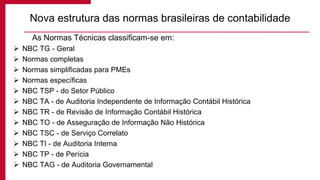 As Normas Técnicas classificam-se em:
 NBC TG - Geral
 Normas completas
 Normas simplificadas para PMEs
 Normas específicas
 NBC TSP - do Setor Público
 NBC TA - de Auditoria Independente de Informação Contábil Histórica
 NBC TR - de Revisão de Informação Contábil Histórica
 NBC TO - de Asseguração de Informação Não Histórica
 NBC TSC - de Serviço Correlato
 NBC TI - de Auditoria Interna
 NBC TP - de Perícia
 NBC TAG - de Auditoria Governamental
Nova estrutura das normas brasileiras de contabilidade
 
