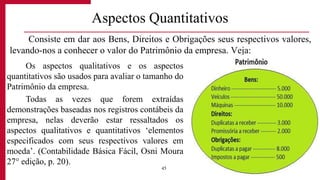 Aspectos Quantitativos
Consiste em dar aos Bens, Direitos e Obrigações seus respectivos valores,
levando-nos a conhecer o valor do Patrimônio da empresa. Veja:
45
Os aspectos qualitativos e os aspectos
quantitativos são usados para avaliar o tamanho do
Patrimônio da empresa.
Todas as vezes que forem extraídas
demonstrações baseadas nos registros contábeis da
empresa, nelas deverão estar ressaltados os
aspectos qualitativos e quantitativos ‘elementos
especificados com seus respectivos valores em
moeda’. (Contabilidade Básica Fácil, Osni Moura
27° edição, p. 20).
 